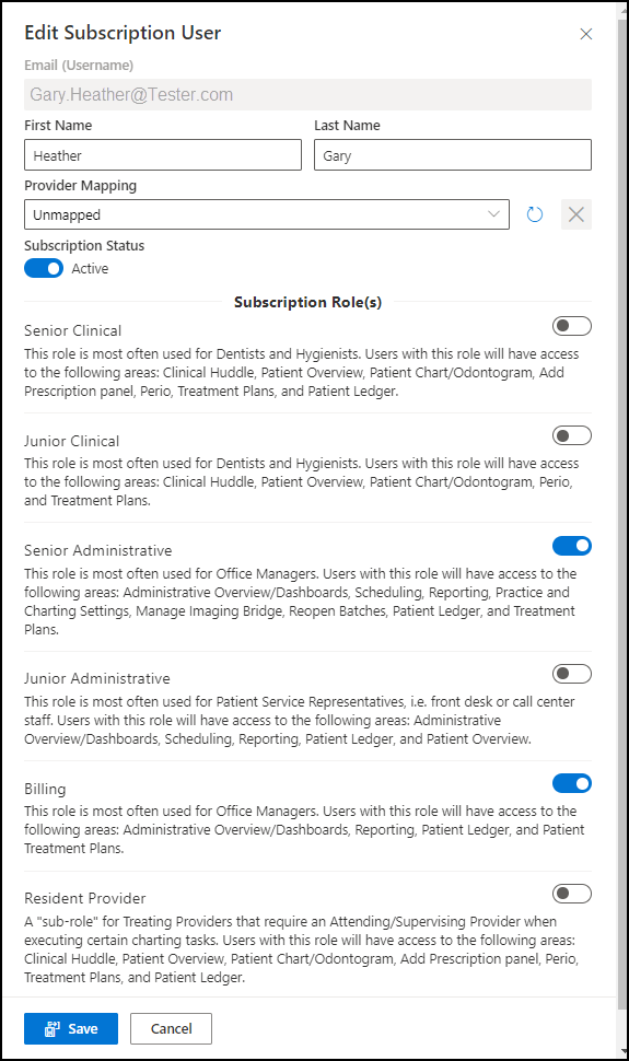 Edit subscription user screen with toggles on for Senior admin and Billing.